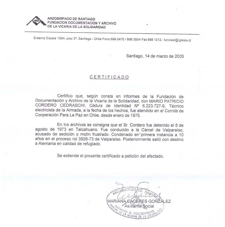 Certificado de Mario Patricio Cordero Cedraschi de la Vicaría de la Solidaridad